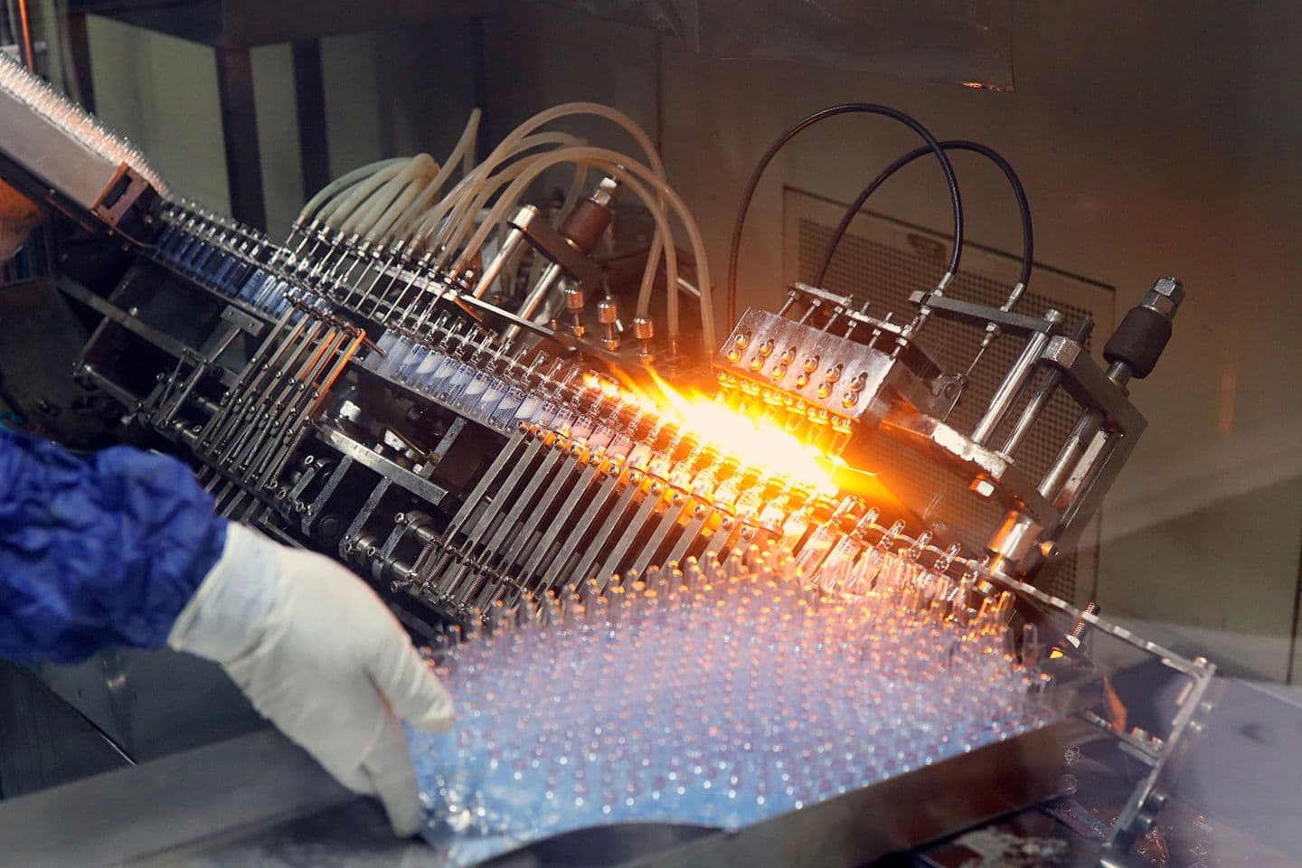 Glass ampoules passing through flame-sealing equipment on a pharmaceutical production line.