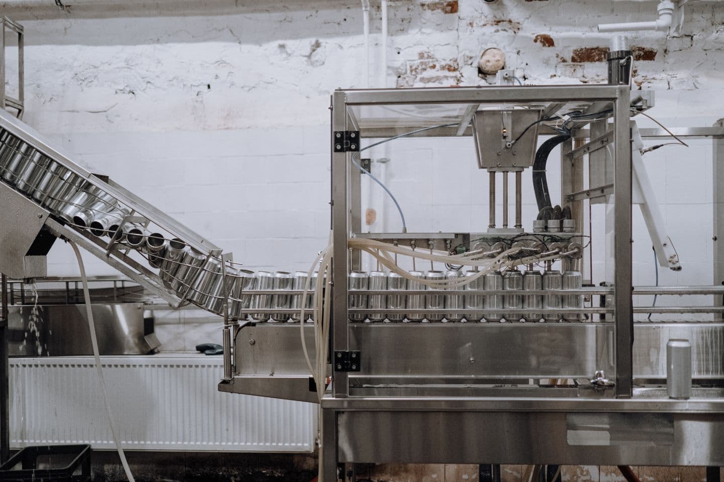 Aluminium beverage cans moving through a production conveyor system.